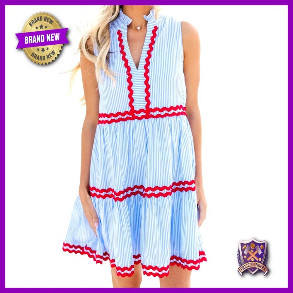 Sleeveless Tiered Striped Dress Rickrack Trim Casual A-Line Cotton